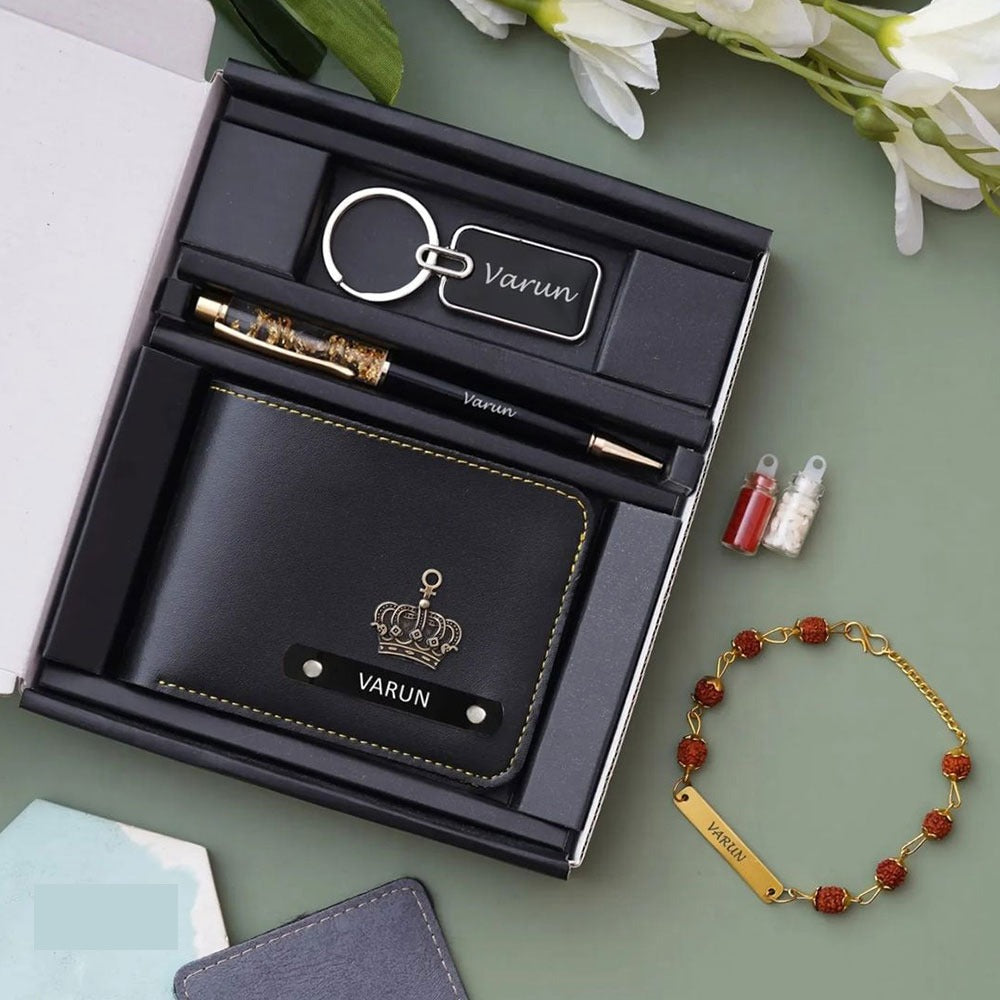 Personalized Premium Gift Set – Wallet, Keychain, Pen & Rudraksha Bracelet.