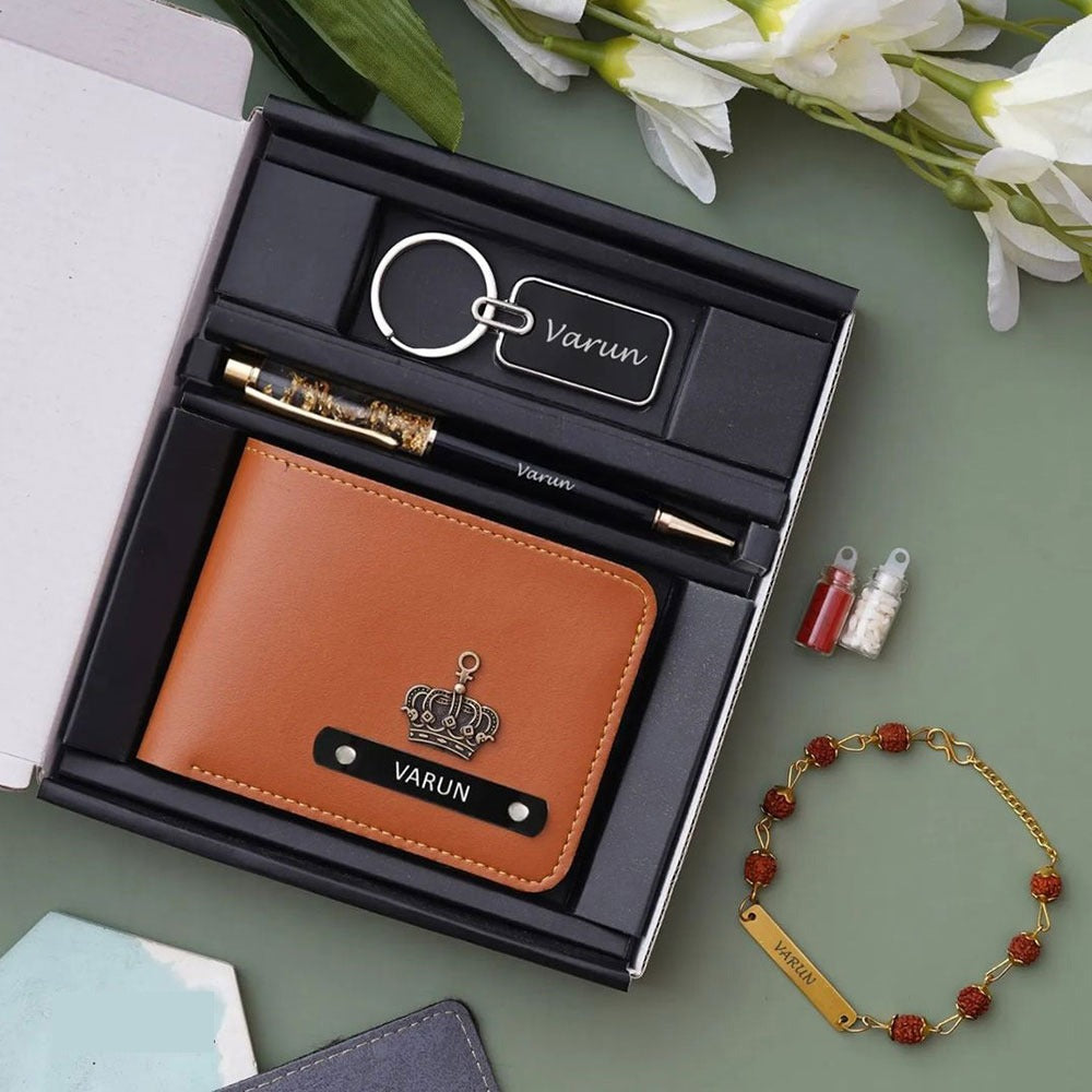 Personalized Premium Gift Set – Wallet, Keychain, Pen & Rudraksha Bracelet.