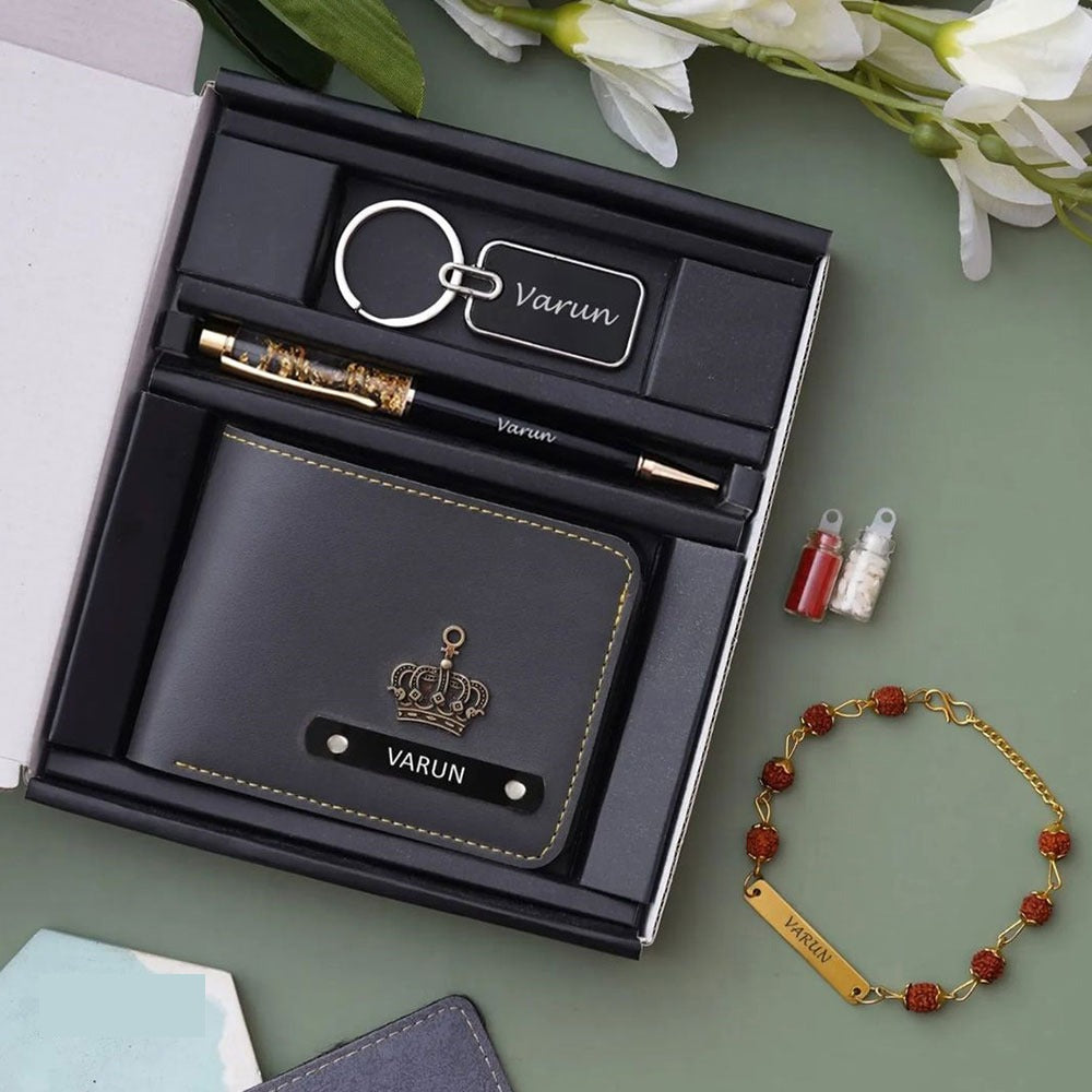 Personalized Premium Gift Set – Wallet, Keychain, Pen & Rudraksha Bracelet.