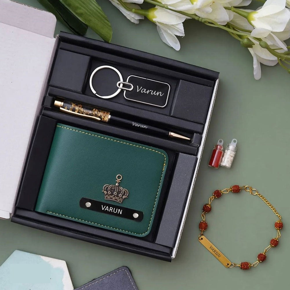 Personalized Premium Gift Set – Wallet, Keychain, Pen & Rudraksha Bracelet.